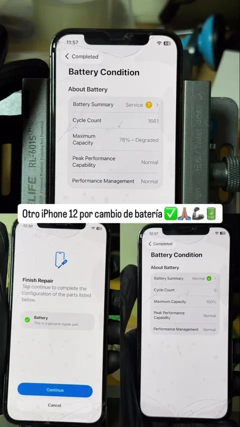 Collage de pantallas de información de batería y configuración del repuesto.