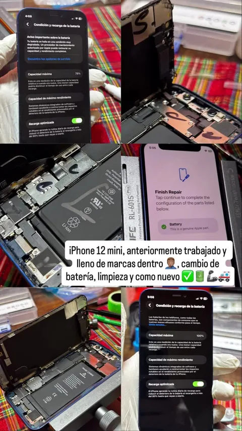Collage de un teléfono desmontado y pantallas de información de sus piezas.