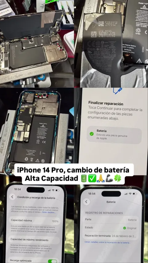 Collage de un teléfono abierto y pantallas de configuración de batería.