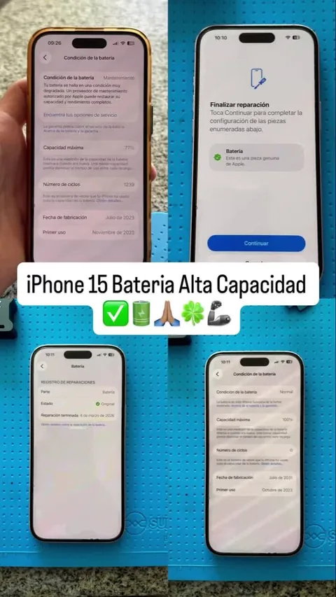 Cuatro vistas de ajustes y configuración de la batería de un teléfono.
