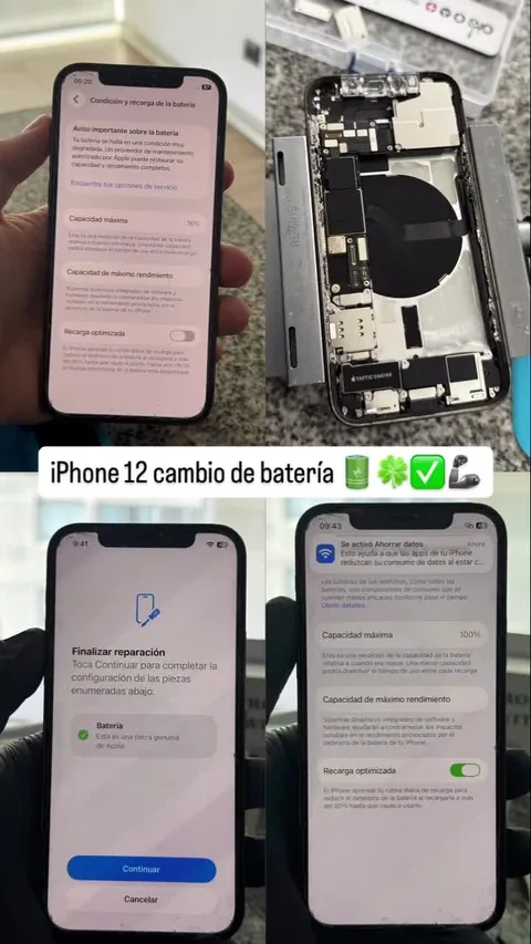 Collage del interior de un teléfono y pantallas de información de batería.