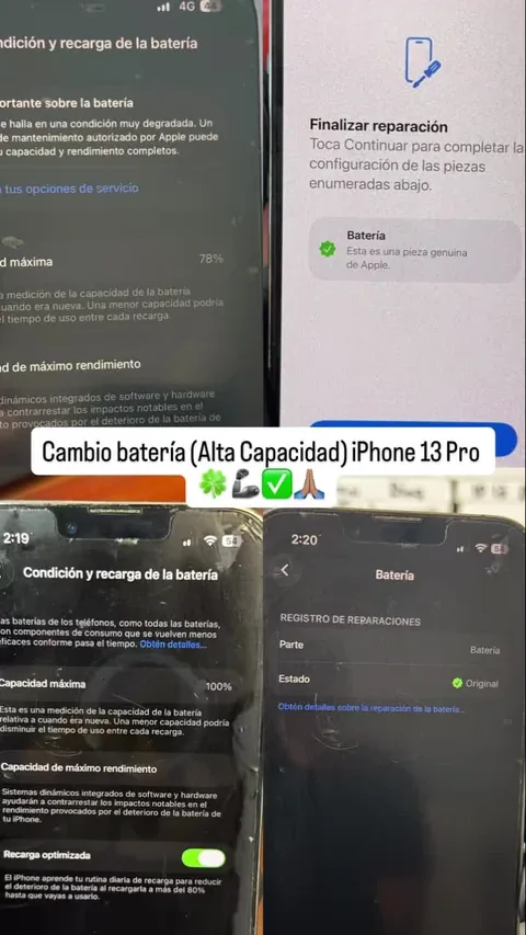 Collage de avisos y ajustes de batería de un teléfono.