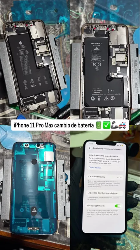 Dos teléfonos abiertos con las baterías expuestas y ajustes de batería en pantalla.