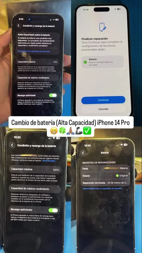 Collage de pantallas de configuración e información de batería de un teléfono.