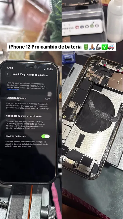 Collage del interior de un teléfono y sus pantallas de ajustes de batería.
