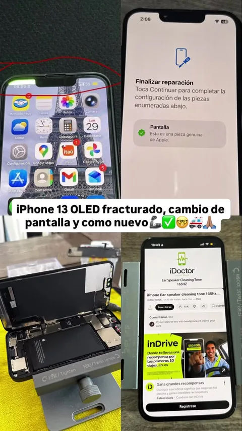 Collage de un teléfono con pantalla dañada, su interior y pantallas encendidas.