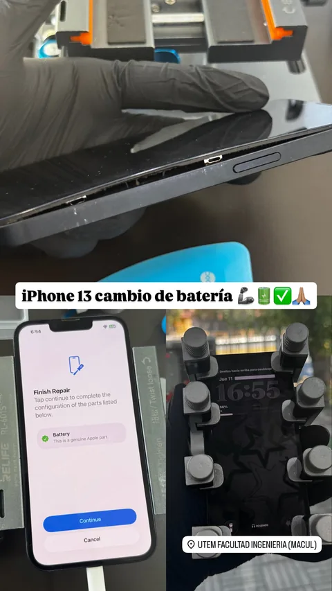 Teléfono visto de lado y junto a la pantalla de configuración del repuesto.